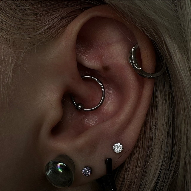 Multiple ear cartilage piercings with hoops and studs by a Final Touch Tattoo piercer