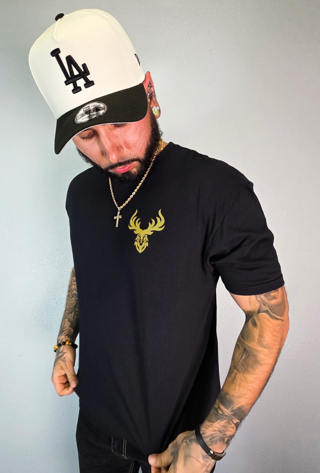 Final Touch Tattoo stag-head logo black t-shirt, front view