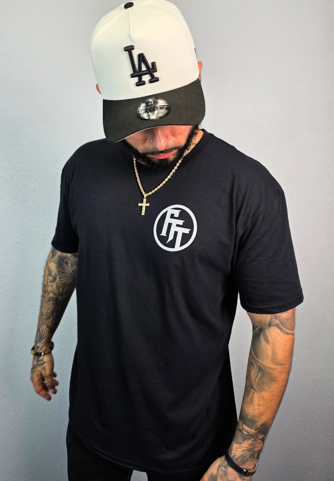Final Touch Tattoo FT monogram black t-shirt, front view