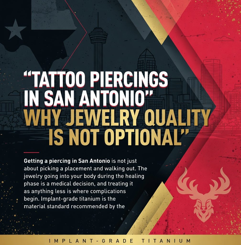 Graphic titled Tattoo Piercings in San Antonio: Why Jewelry Quality Is Not Optional, highlighting implant-grade titanium as the standard
